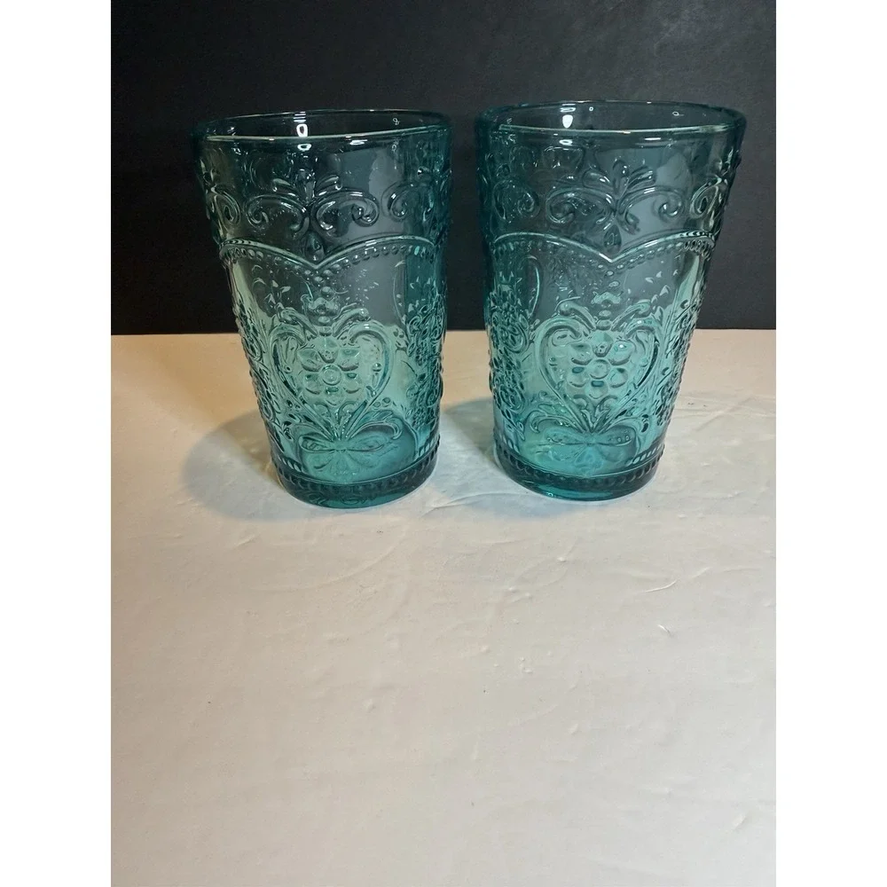 Rare Pioneer Woman Amelia Teal Glass Tumblers Set of 2 Embossed 14 oz